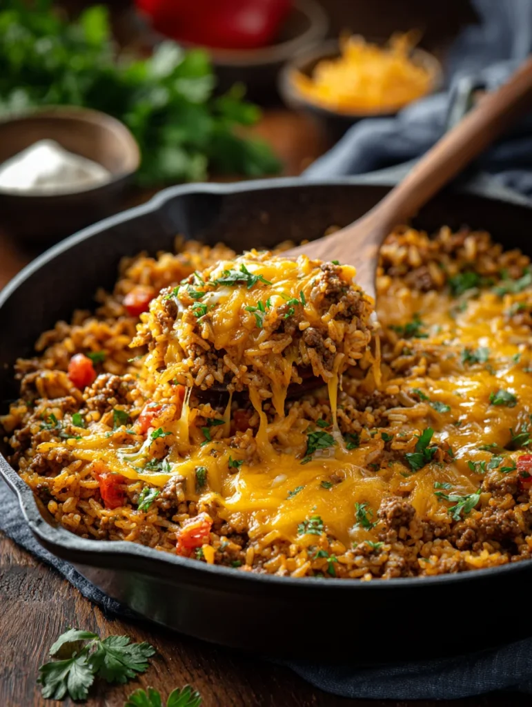 Cheesy taco rice skillet with ground beef and melted cheddar