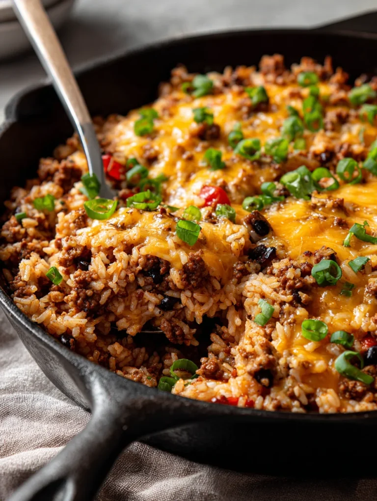 Cheesy taco rice skillet with ground beef and melted cheese