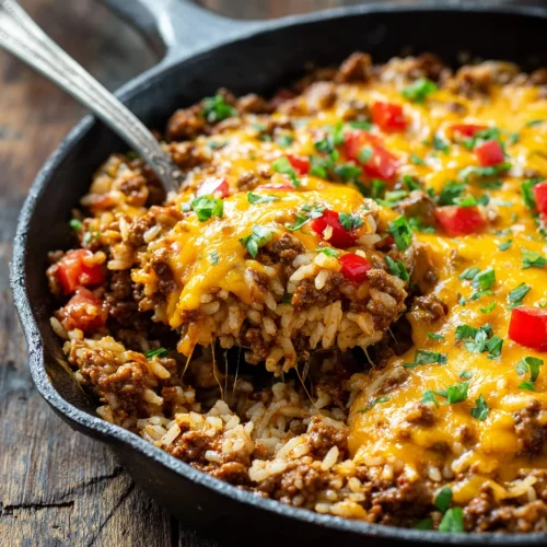 Cheesy taco rice skillet with seasoned ground beef and rice