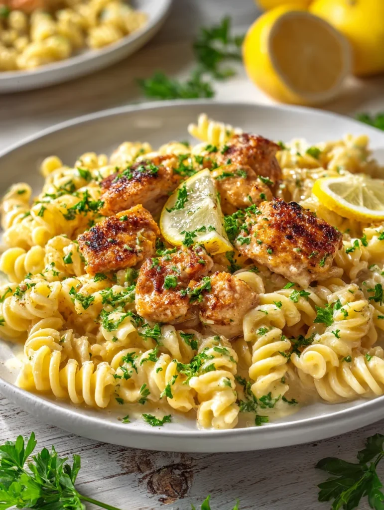 Creamy cowboy butter chicken pasta with rotini, pan-seared chicken, parsley, and fresh lemon