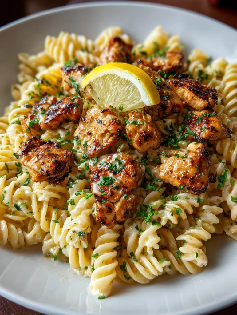 Cowboy butter chicken pasta topped with crispy chicken bites, rotini noodles, herbs, and lemon wedge