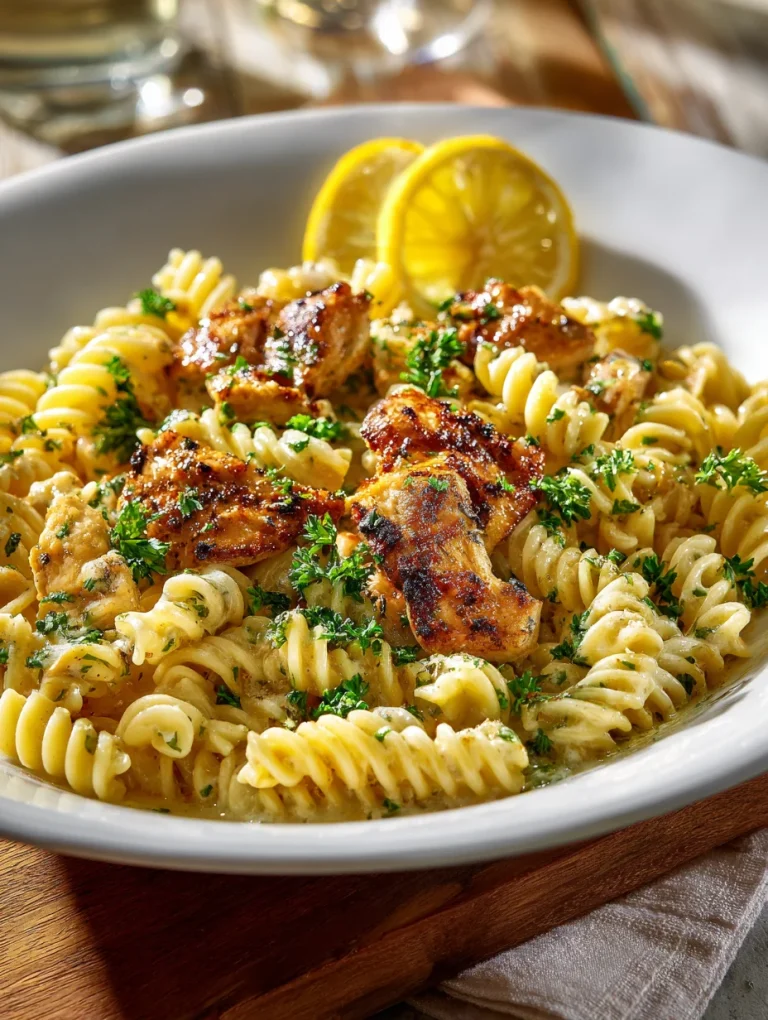 Cowboy butter chicken pasta with grilled chicken, creamy herb sauce, and lemon slices in a white bowl
