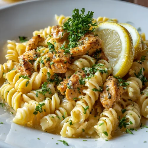 Cowboy butter chicken pasta with rotini, creamy garlic sauce, herbs, and lemon garnish