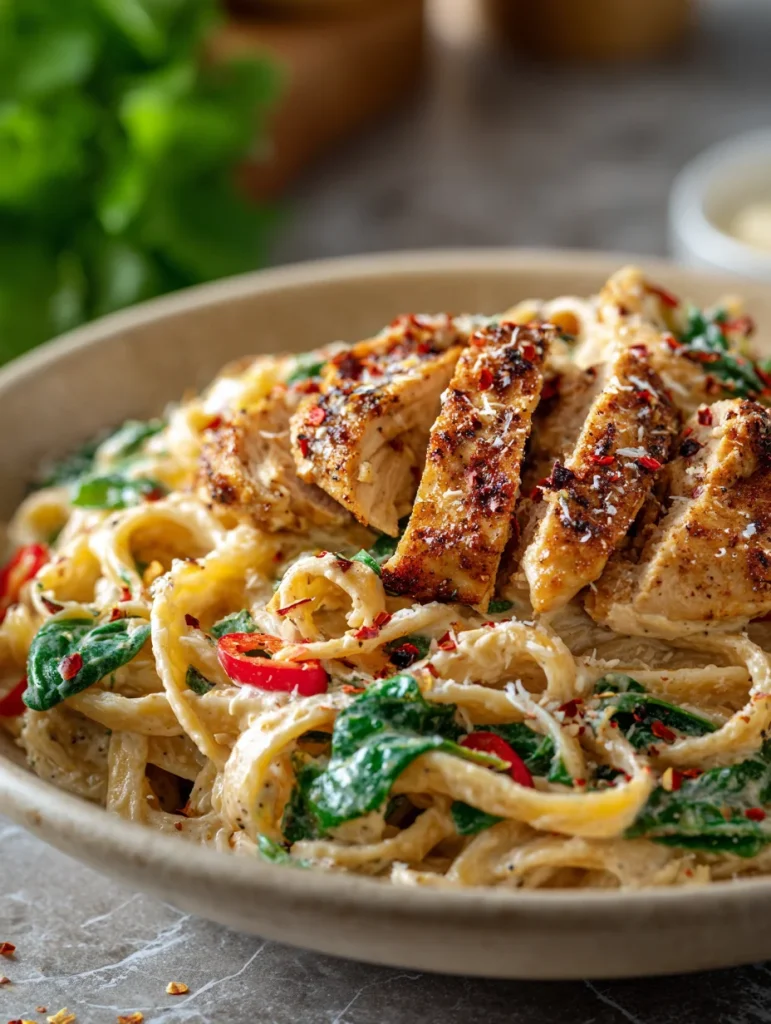 Creamy Cajun chicken pasta with sliced chicken, spinach, and red pepper flakes