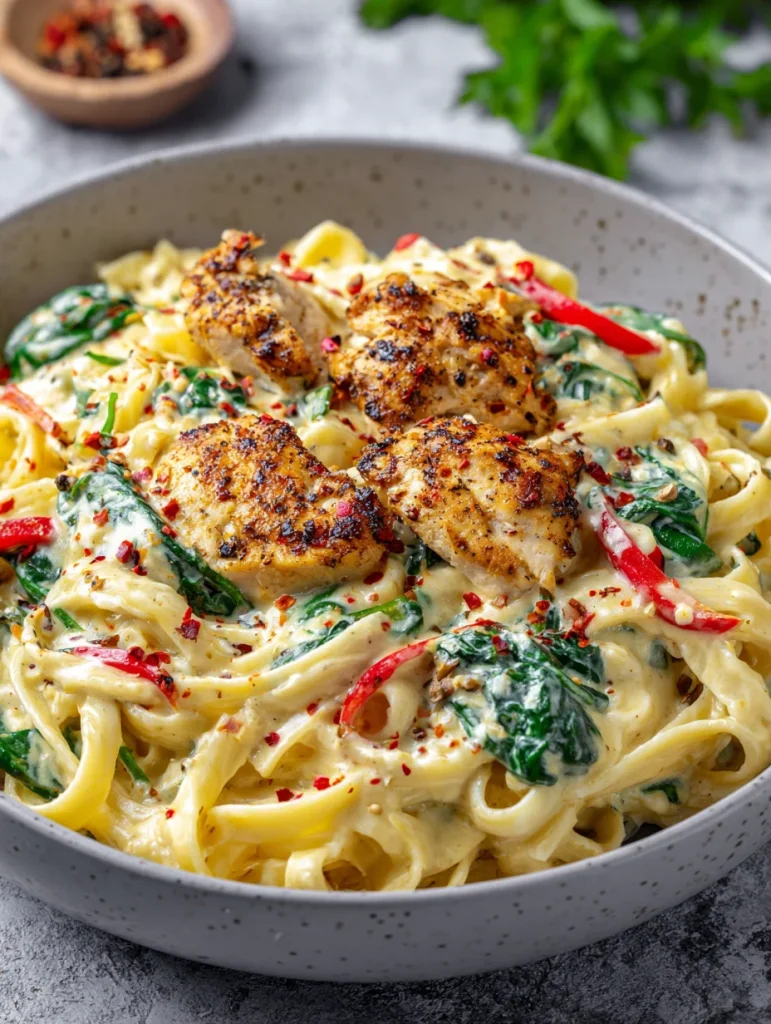 Cajun cream cheese chicken pasta with crispy chicken, spinach, and red chili peppers