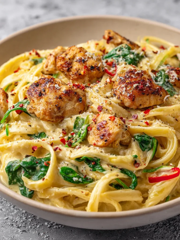 Cajun cream cheese chicken pasta with seasoned chicken, spinach, and creamy sauce