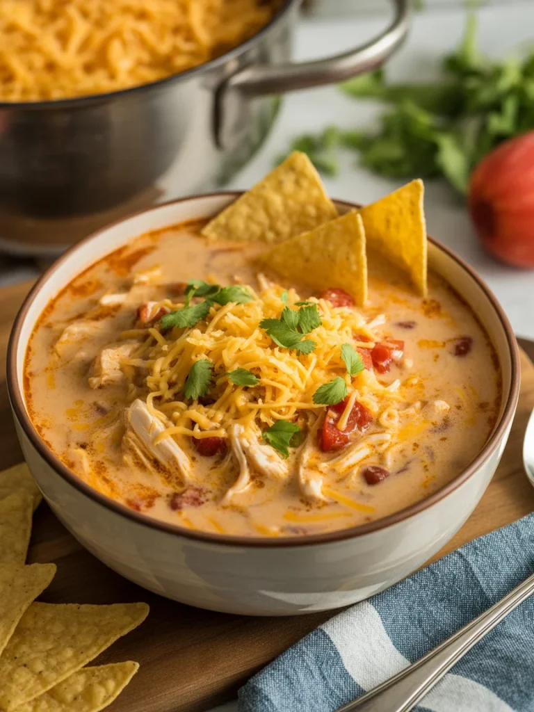 Creamy chicken taco soup with shredded cheese, cilantro, and tortilla chips