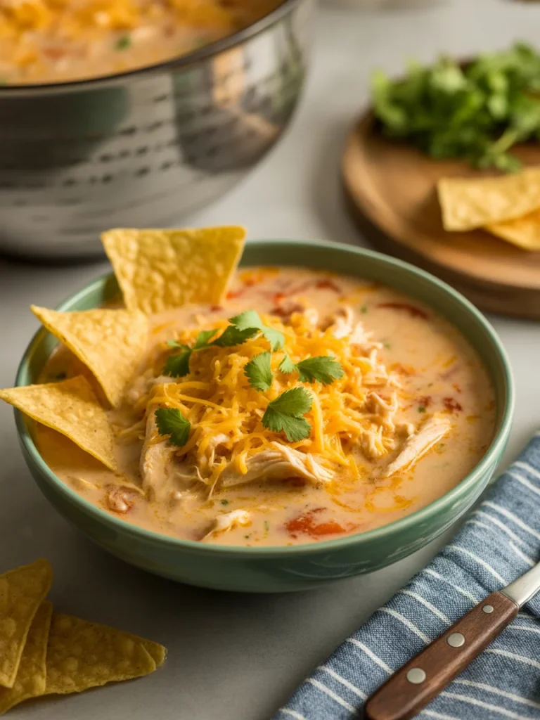 Creamy chicken taco soup topped with shredded cheese, cilantro, and tortilla chips