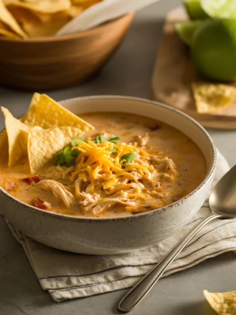 Creamy chicken taco soup topped with shredded cheese and tortilla chips
