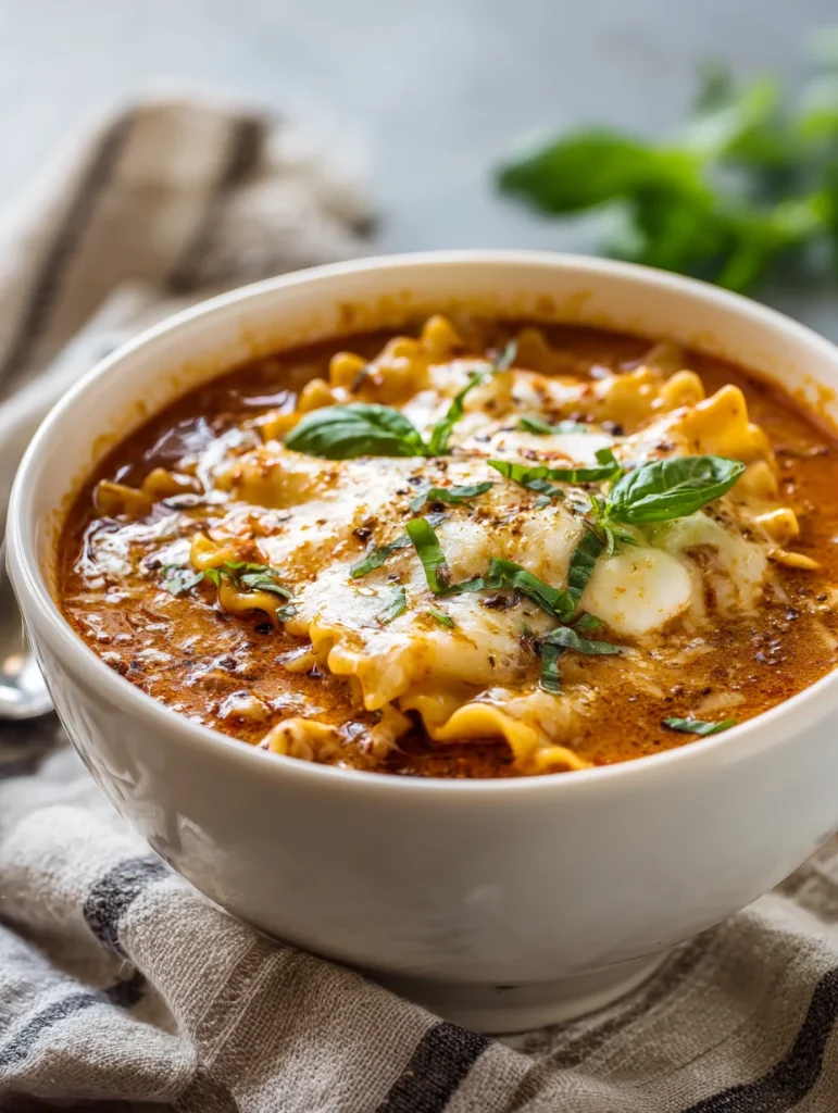 Creamy lasagna soup with melted cheese, tomato broth, and fresh basil in a white bowl