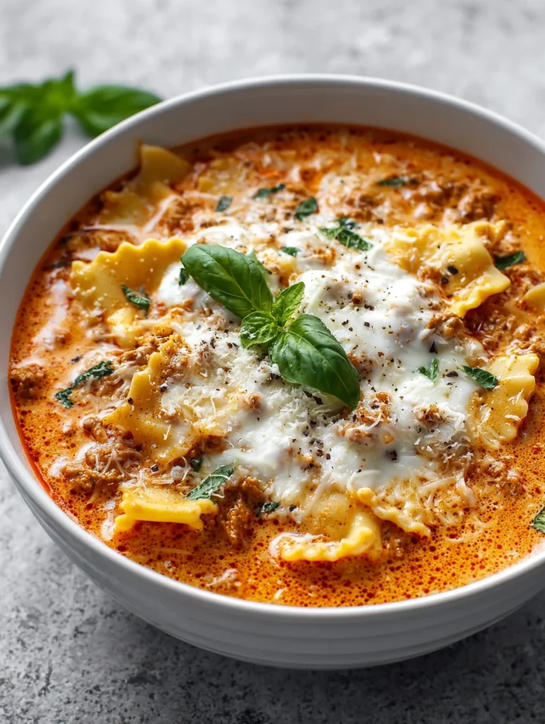 Creamy lasagna soup with ricotta-style cheese, lasagna noodles, and fresh basil garnish