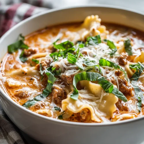 Creamy lasagna soup with ground beef, lasagna noodles, Parmesan cheese, and fresh basil