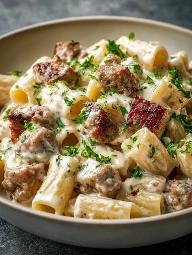 Creamy sausage rigatoni with Italian sausage and parsley in a rich white sauce