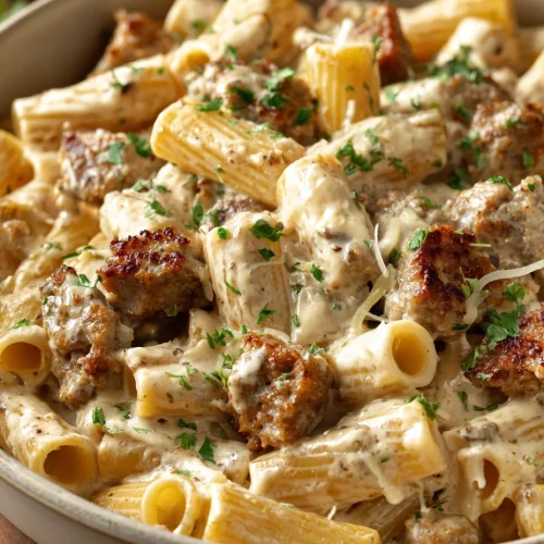Creamy sausage rigatoni with Italian sausage in a rich garlic parmesan sauce