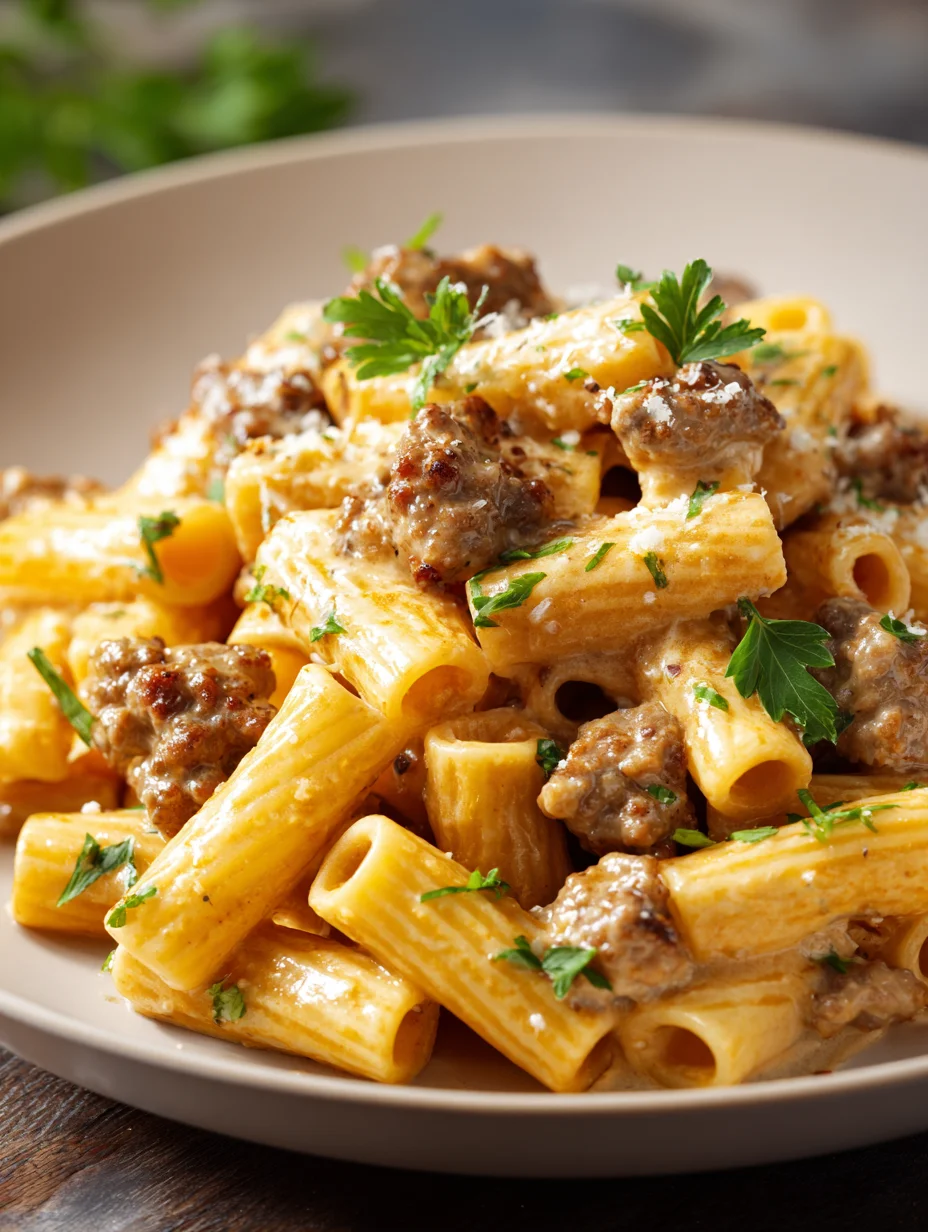 Creamy sausage rigatoni pasta with Italian sausage, parmesan cheese, and fresh parsley
