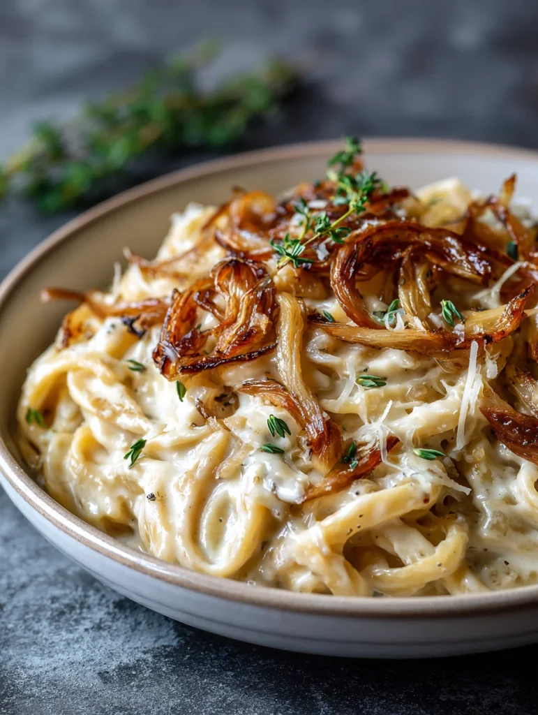 Close-up of creamy French onion pasta topped with caramelized onions, thyme, and grated cheese