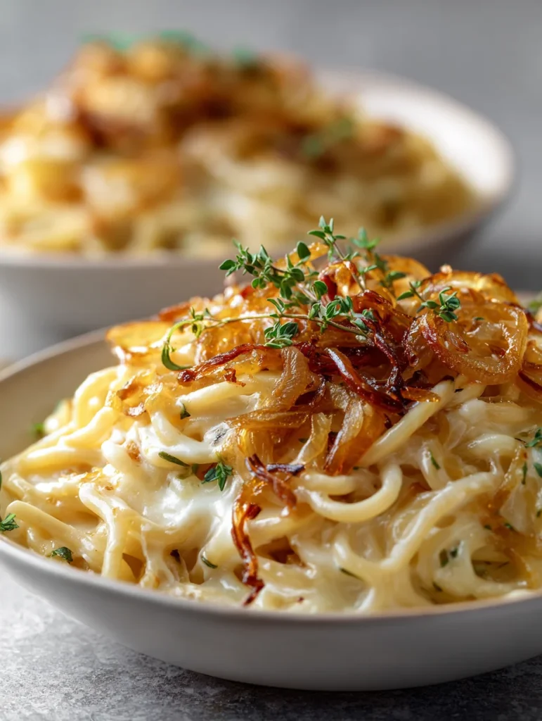 Creamy French onion pasta topped with caramelized onions and fresh thyme in a white bowl