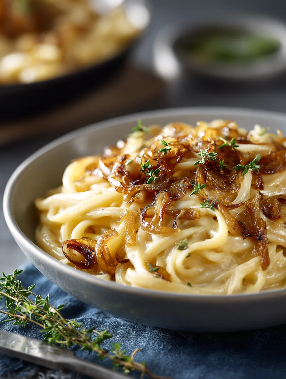 Creamy French onion pasta topped with caramelized onions and fresh thyme in a gray bowl