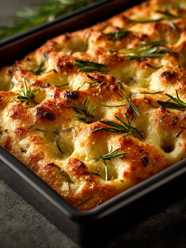 Close-up of garlic parmesan focaccia bread with rosemary baked in a pan