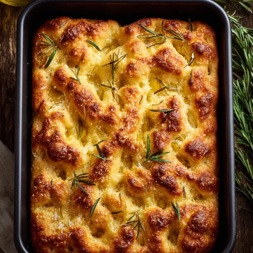 Garlic parmesan focaccia topped with rosemary baked golden in a rectangular pan