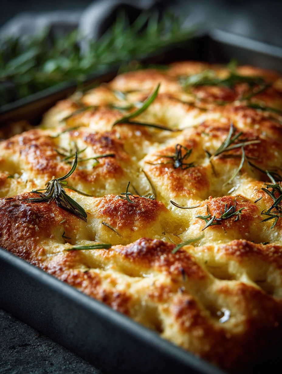 Garlic parmesan focaccia bread baked in a pan with rosemary on top
