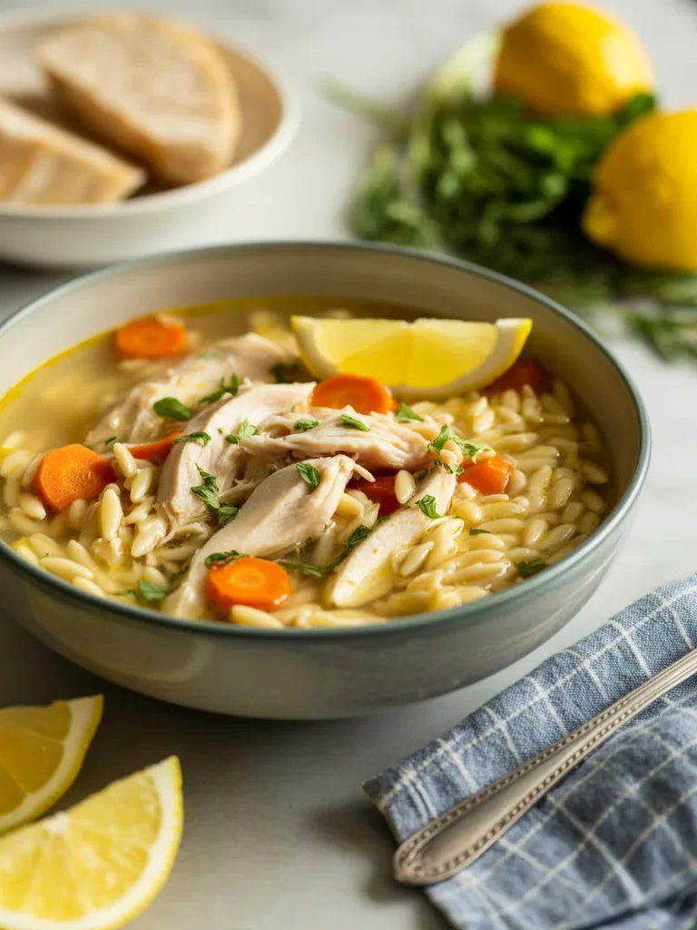 Greek lemon chicken orzo soup with shredded chicken, carrots, and lemon wedge