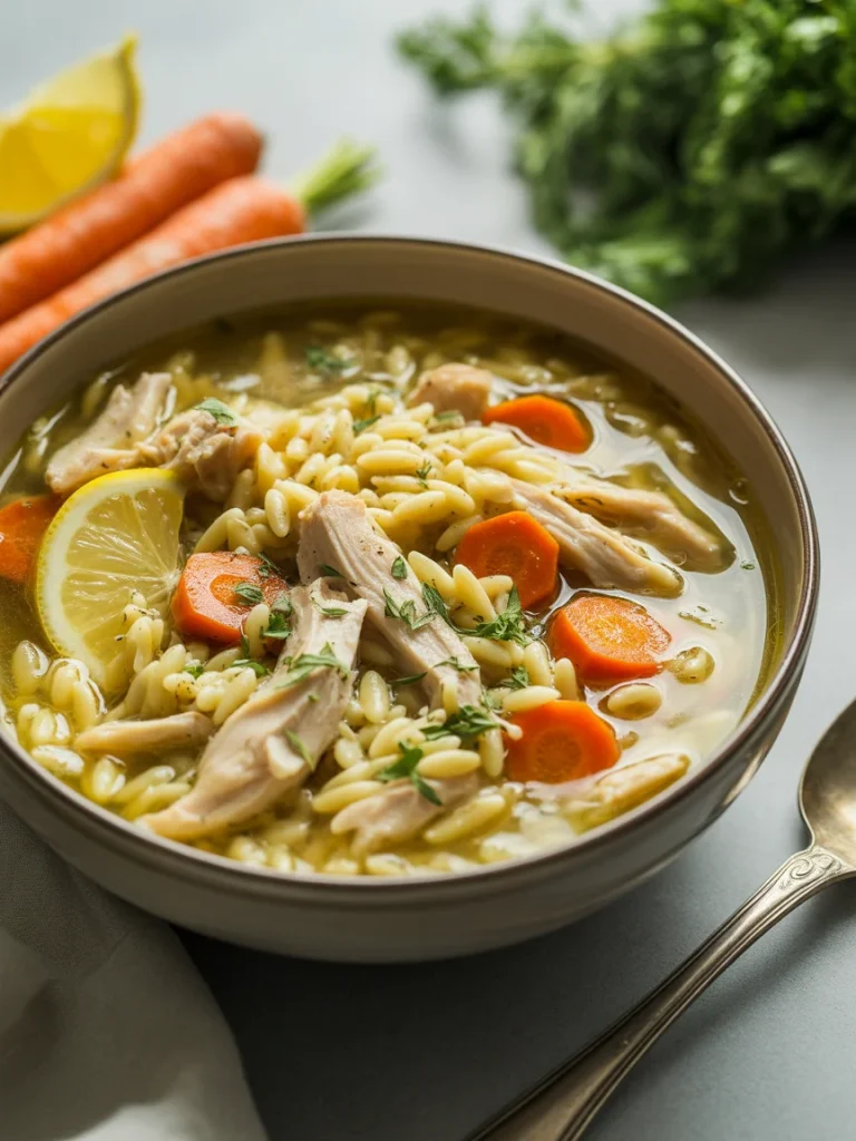 Greek lemon chicken orzo soup with shredded chicken, carrots, and fresh herbs
