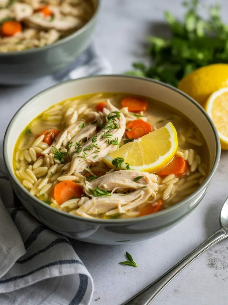 Greek lemon chicken orzo soup with shredded chicken, carrots, and fresh herbs