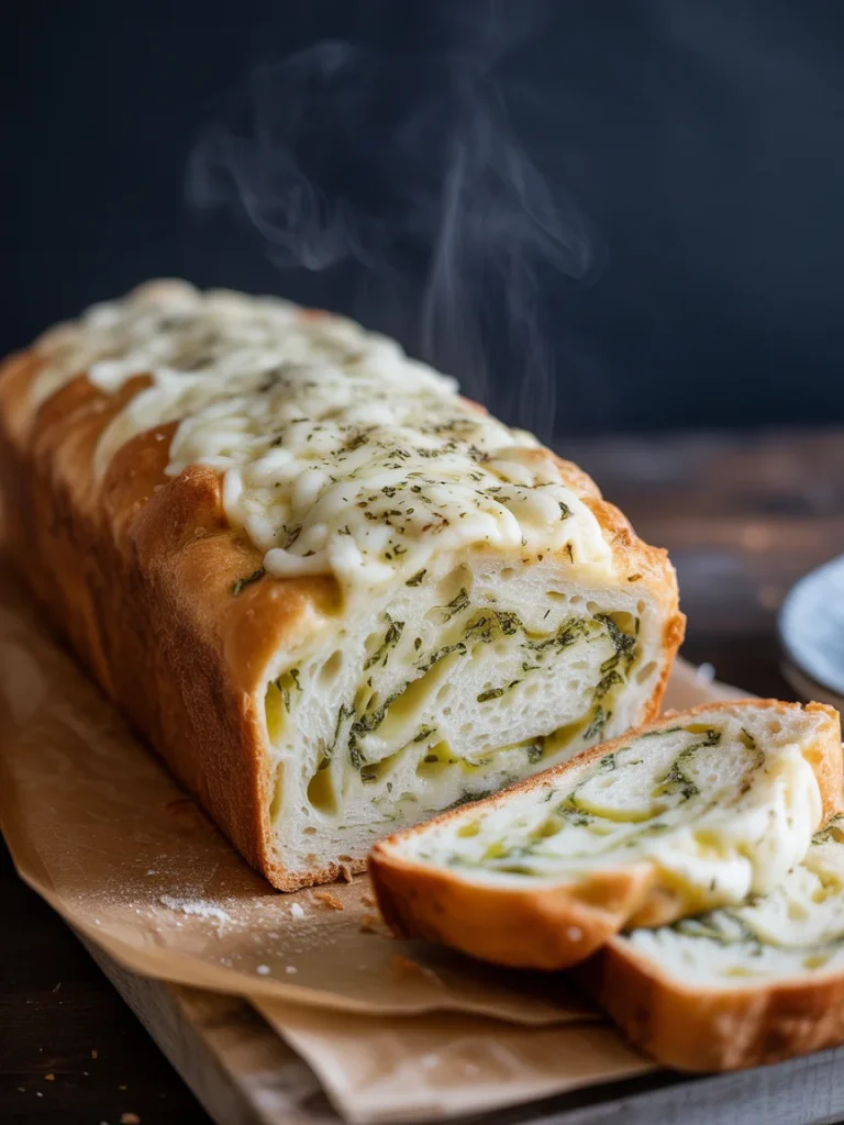 Italian herb and cheese bread loaf with melted cheese and sliced pieces