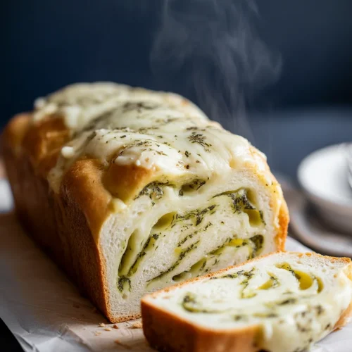 Steaming Italian herb and cheese bread loaf with melted cheese and sliced piece