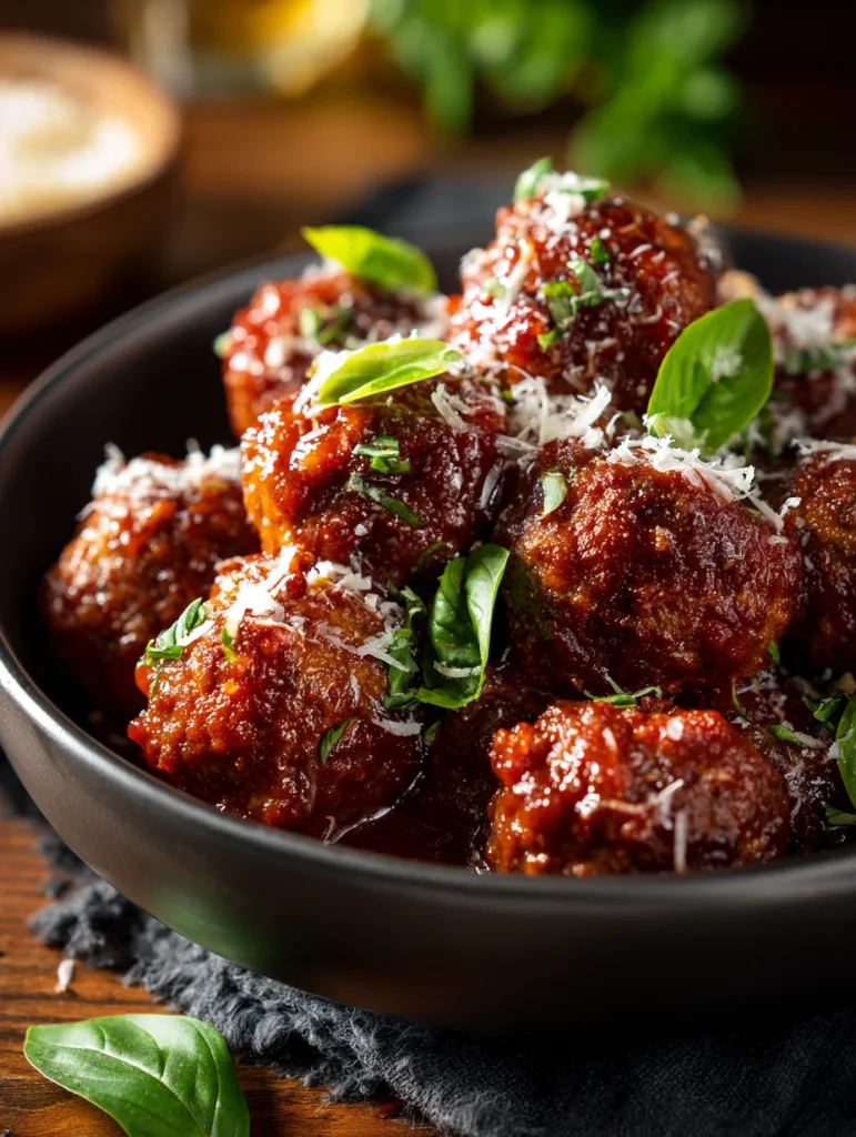 Italian meatballs in tomato sauce topped with basil and parmesan