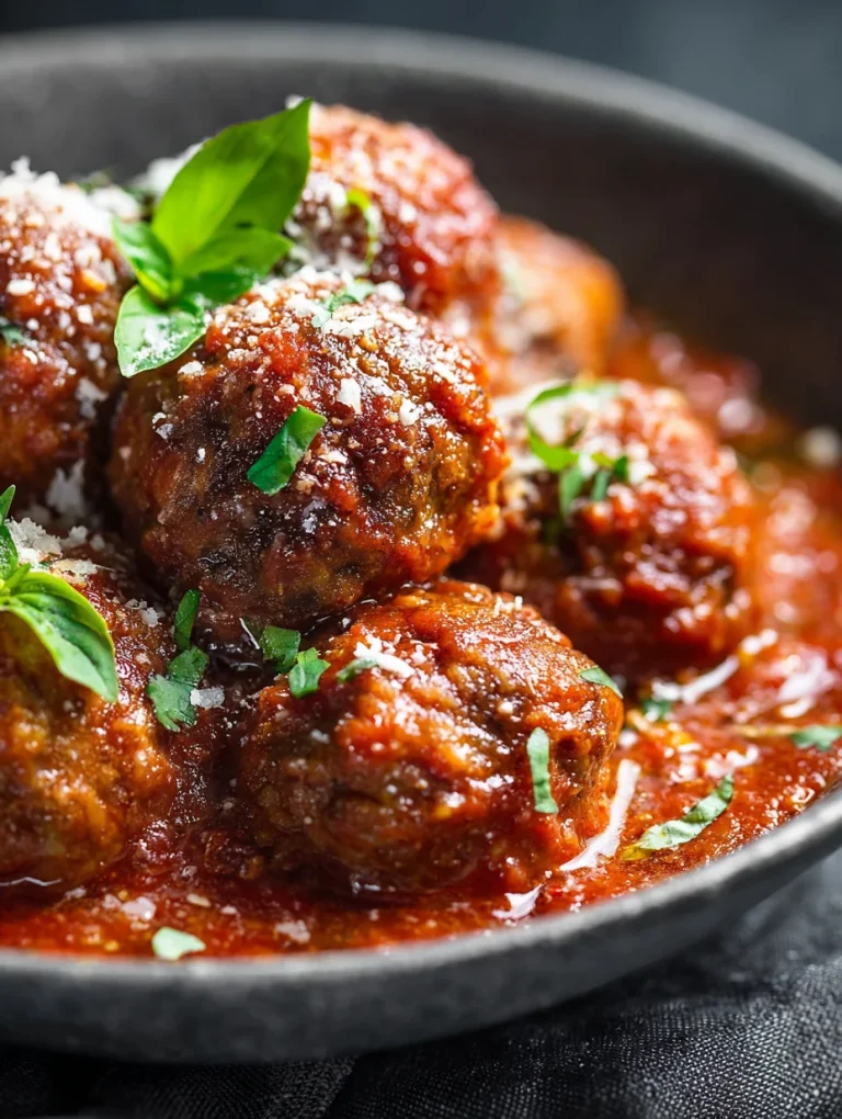 Italian meatballs simmered in rich tomato sauce with basil