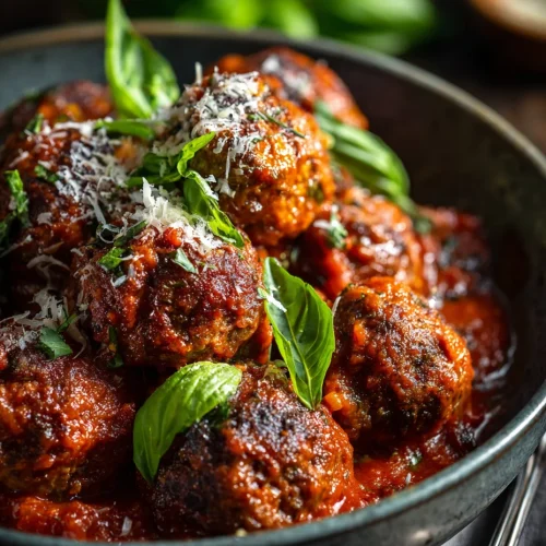 Italian meatballs simmered in homemade tomato sauce with fresh basil