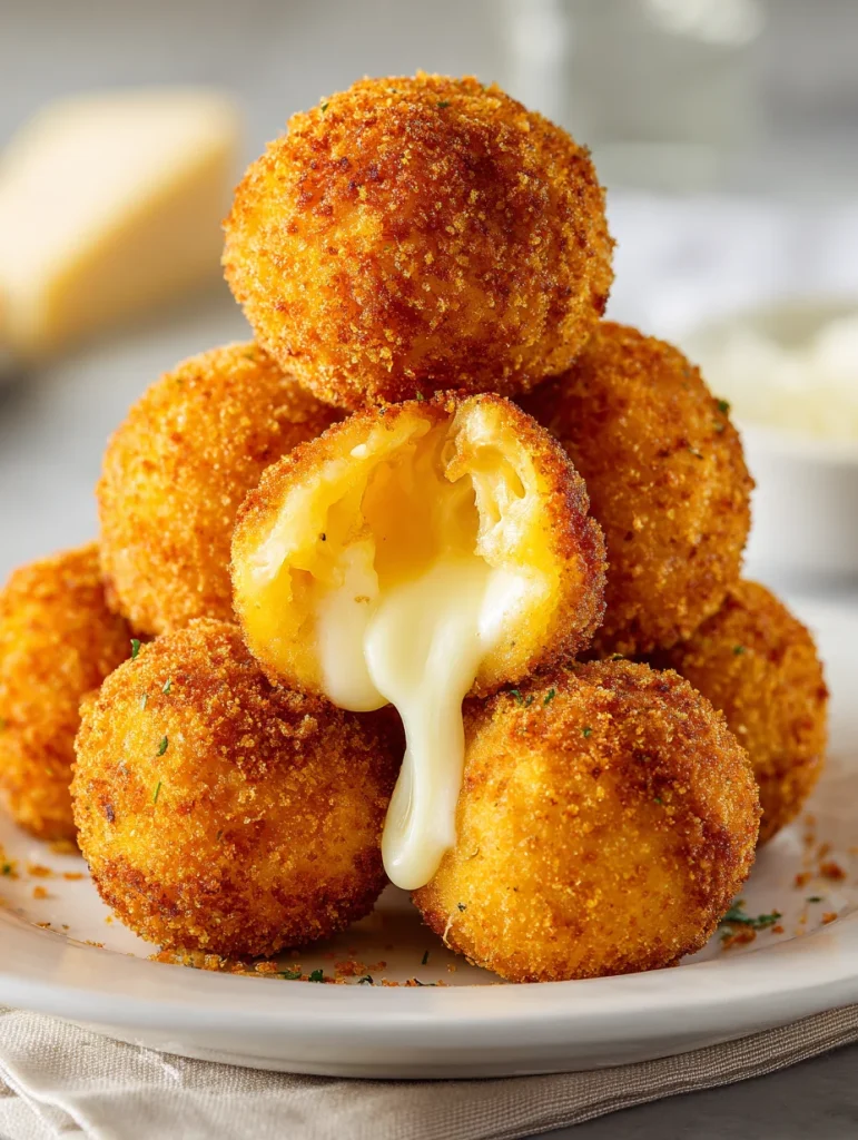 Crispy Italian rice balls stacked with gooey melted cheese center