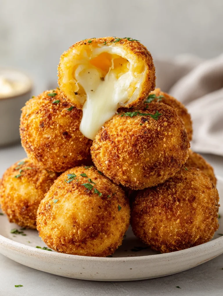 Crispy Italian rice balls with melted cheese center stacked on a plate