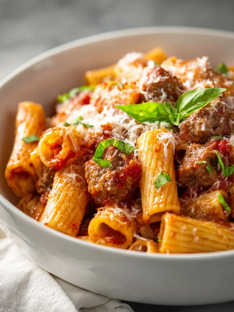 Italian sausage rigatoni in tomato sauce topped with fresh basil and Parmesan cheese