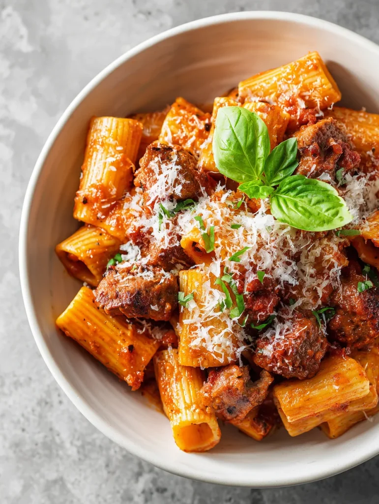 Overhead view of Italian sausage rigatoni with tomato sauce, basil, and grated Parmesan