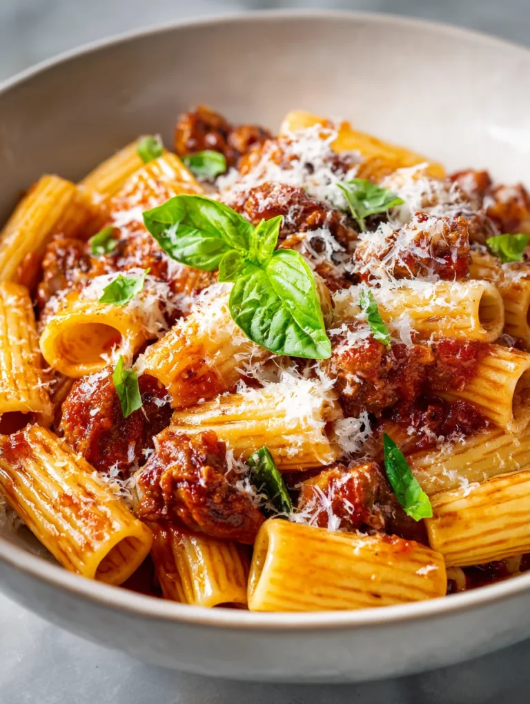 Italian sausage rigatoni pasta with tomato sauce, fresh basil, and grated Parmesan