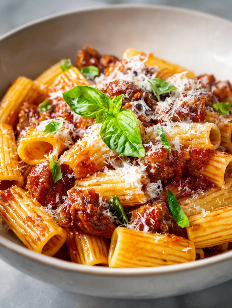 Italian sausage rigatoni pasta with tomato sauce, fresh basil, and grated Parmesan