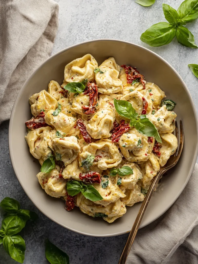 creamy marry me tortellini with sun-dried tomatoes and basil in a bowl