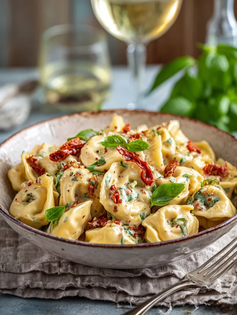 marry me tortellini in creamy sauce with sun-dried tomatoes and fresh basil