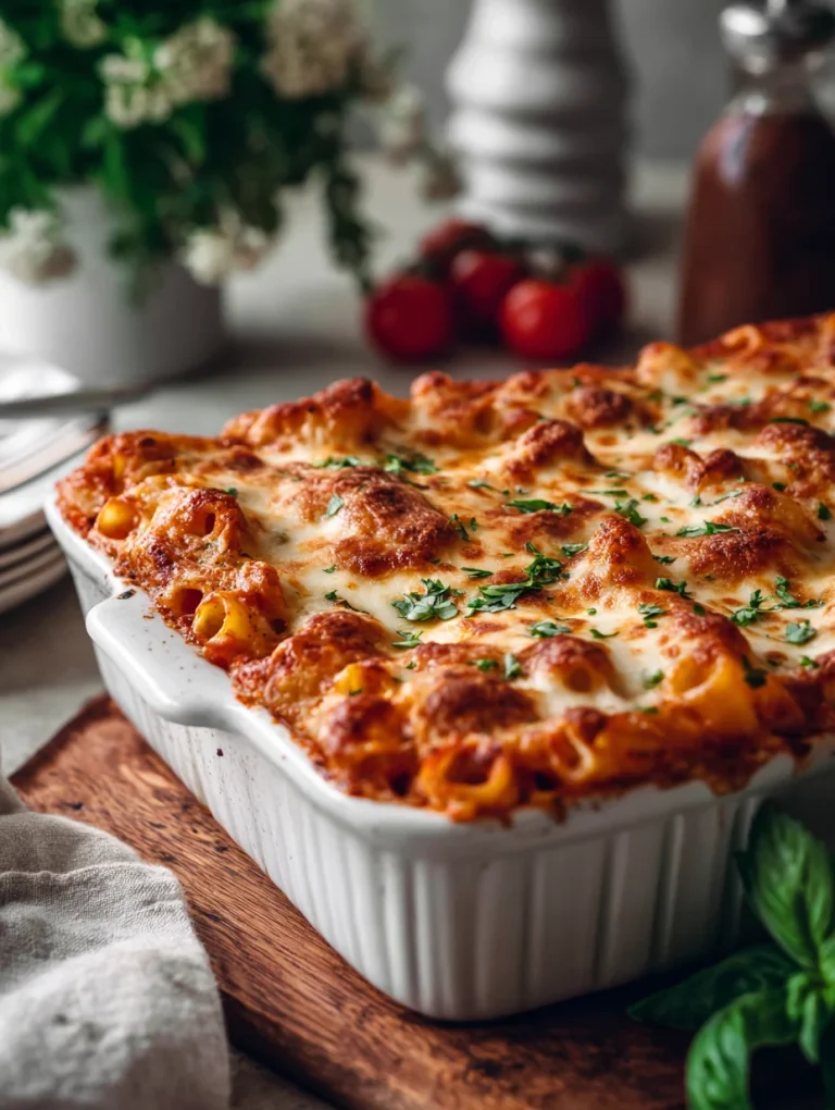 Million dollar baked ziti with melted cheese and fresh herbs