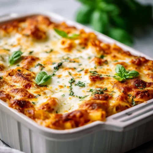 million dollar baked ziti in a white casserole dish topped with melted cheese and basil