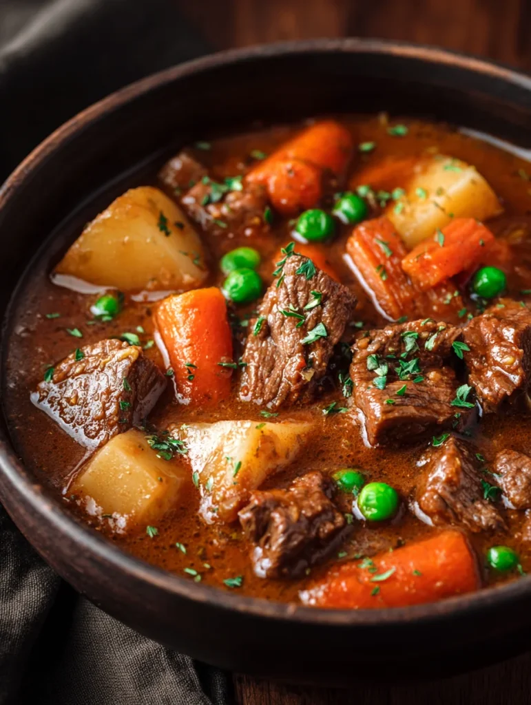 Old fashioned beef stew with tender beef chunks, potatoes, carrots, and peas in a rich savory gravy