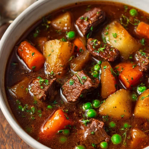 Old fashioned beef stew with tender beef chunks, potatoes, carrots, and peas in a rich brown broth