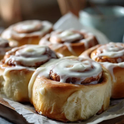 One hour cinnamon rolls with cream cheese icing on a wooden tray