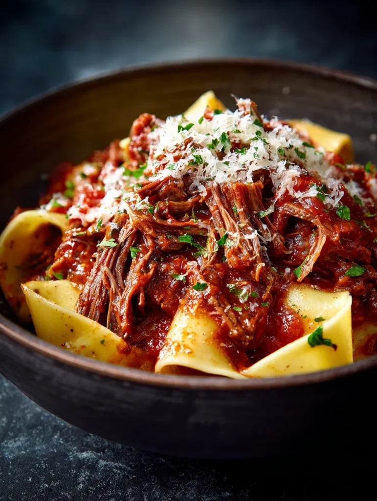 Short rib ragu over pappardelle pasta with parmesan and fresh herbs