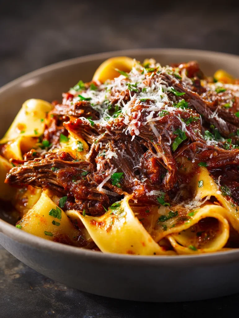 Short rib ragu served over pappardelle pasta with parmesan and parsley