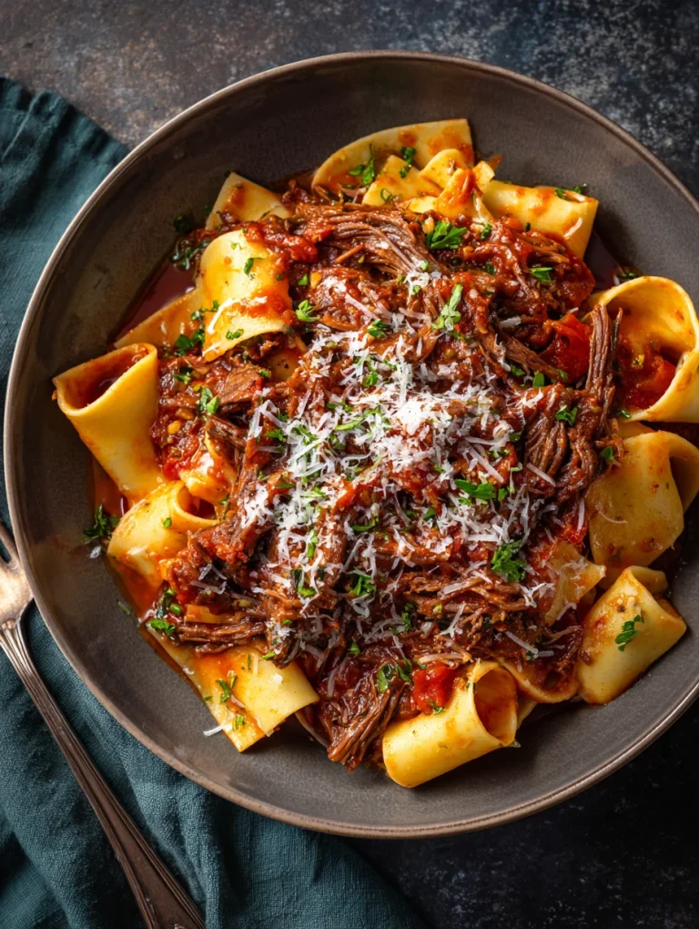 Short rib ragu served over pappardelle pasta with parmesan cheese