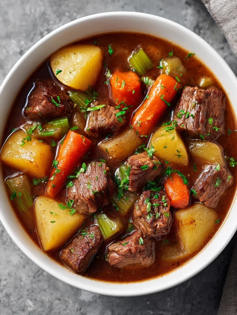 Slow cooker beef stew with tender beef chunks, potatoes, carrots, and celery in rich gravy